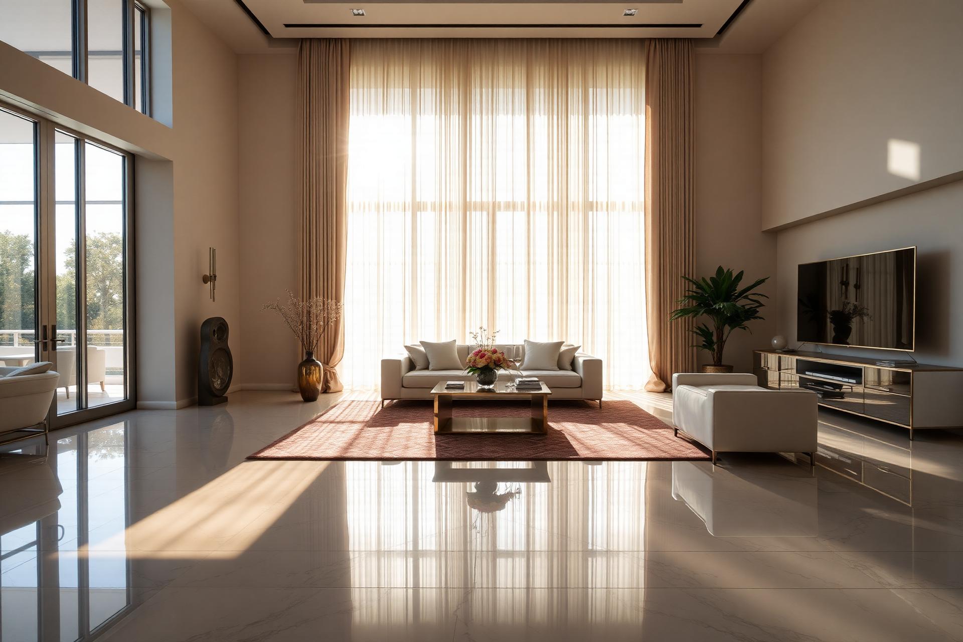 Sunlit luxury living room with polished marble floors