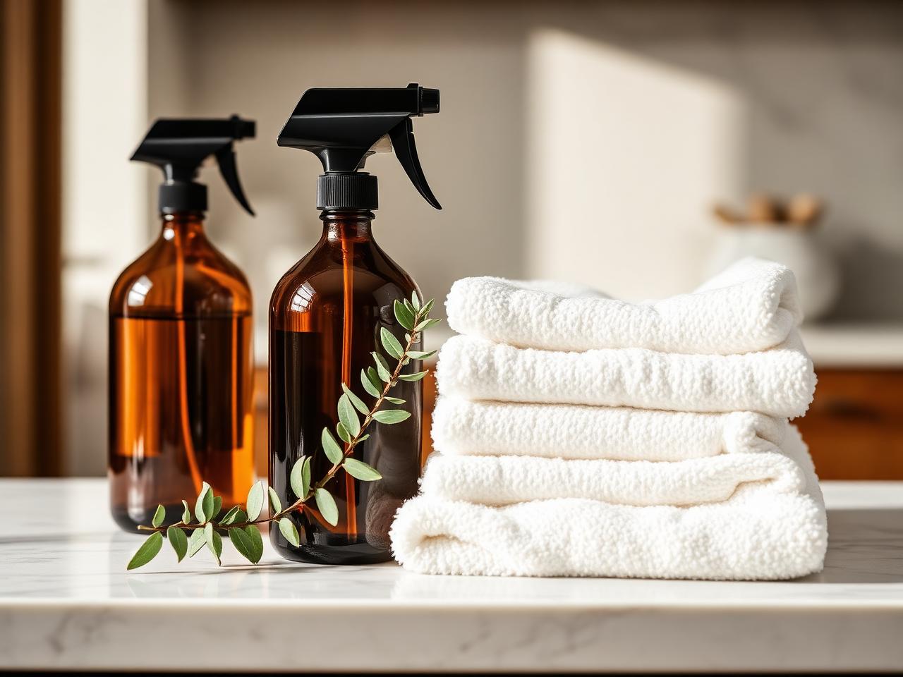 Premium plant-based cleaning products and white microfiber cloths on marble
